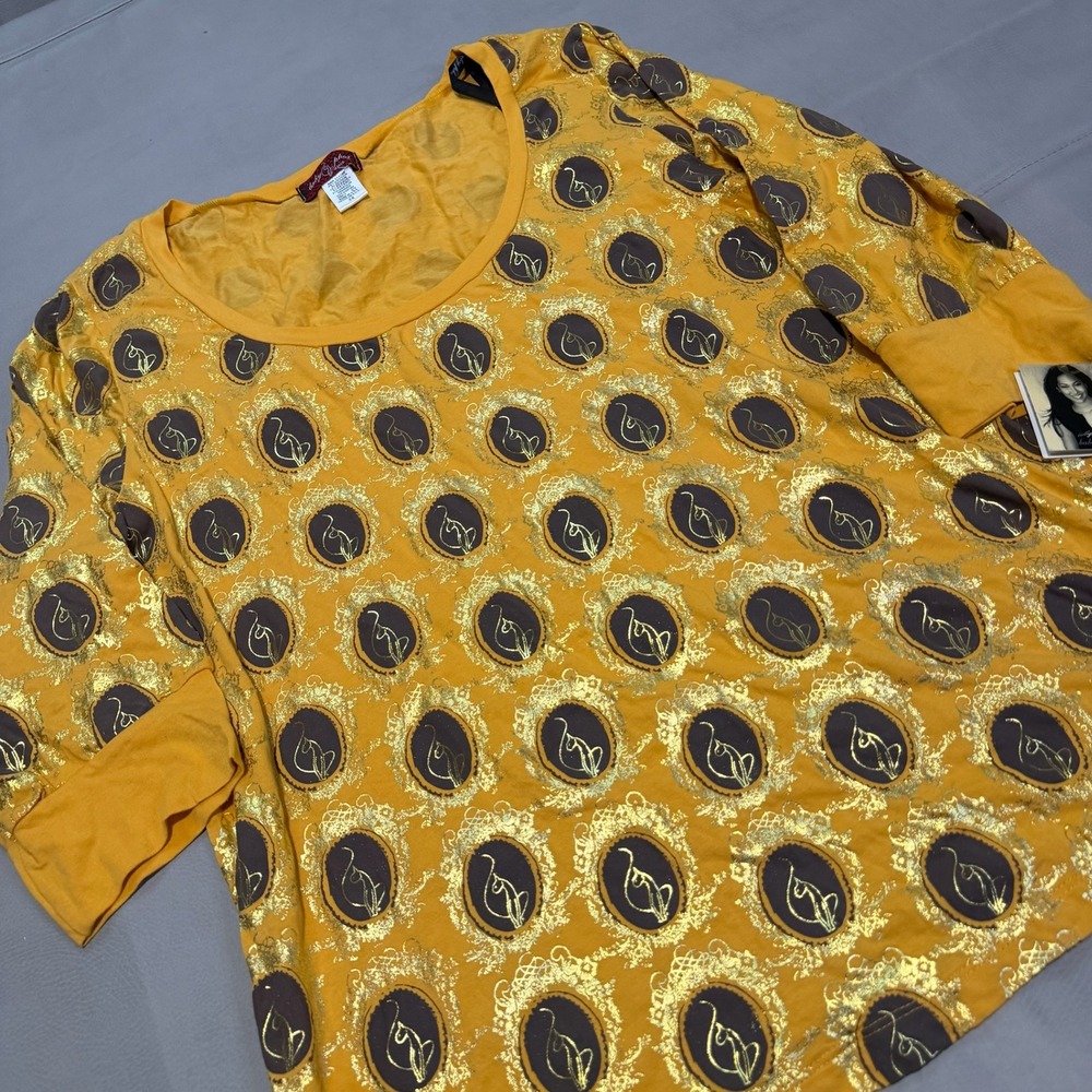 New VTG Y2K Baby Phat Women 3X Plus Yellow Gold Foil Cat Baby Doll Top Skate Emo